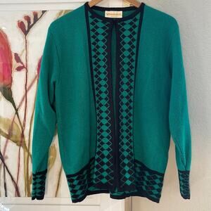 Vintage Cardigan Sweater Green Black Grandma Argyle Diamond USA Made Cozy XL